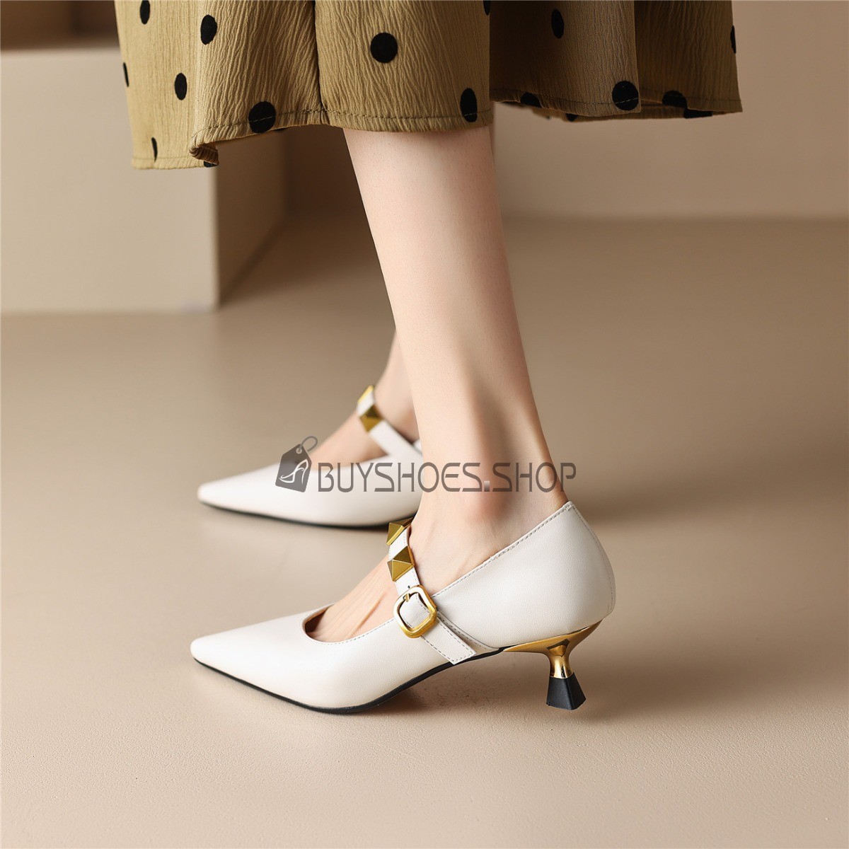 Dressy Shoes Belt Buckle Pointed Toe Beautiful Low Heels Studded Pumps  Stiletto Business Casual With Ankle Strap