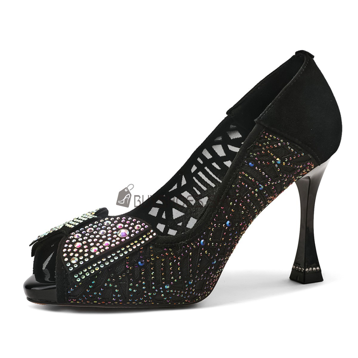 Daim Chaussure De Soirée Strass Noir Brillante Bout Ouvert Avec