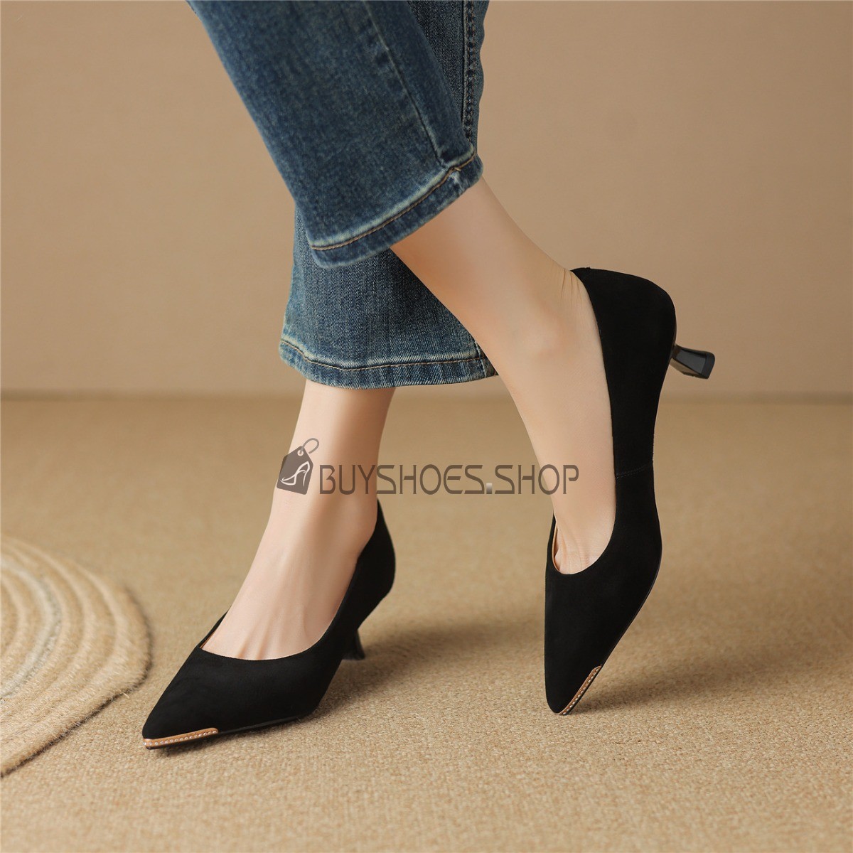 Leer Klassiek Blokhak Schoen Vintage Lage Hakken Suede Pumps Formele Business Casual Goedkoop 7424220475F BuyShoes.Shop