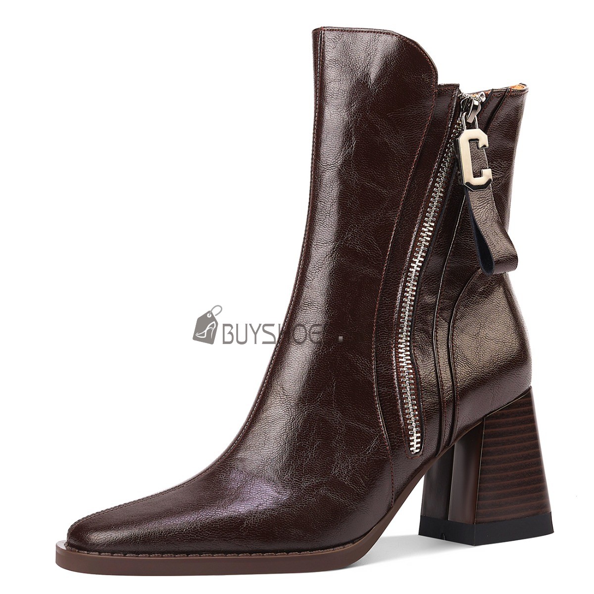 Talon Carre Boots Femme Vintage Bout Carre Bottine Femme Cuir Graine Talon Mi Haut Fermeture Eclair Pas Cher 7424070875F BuyShoes.Shop