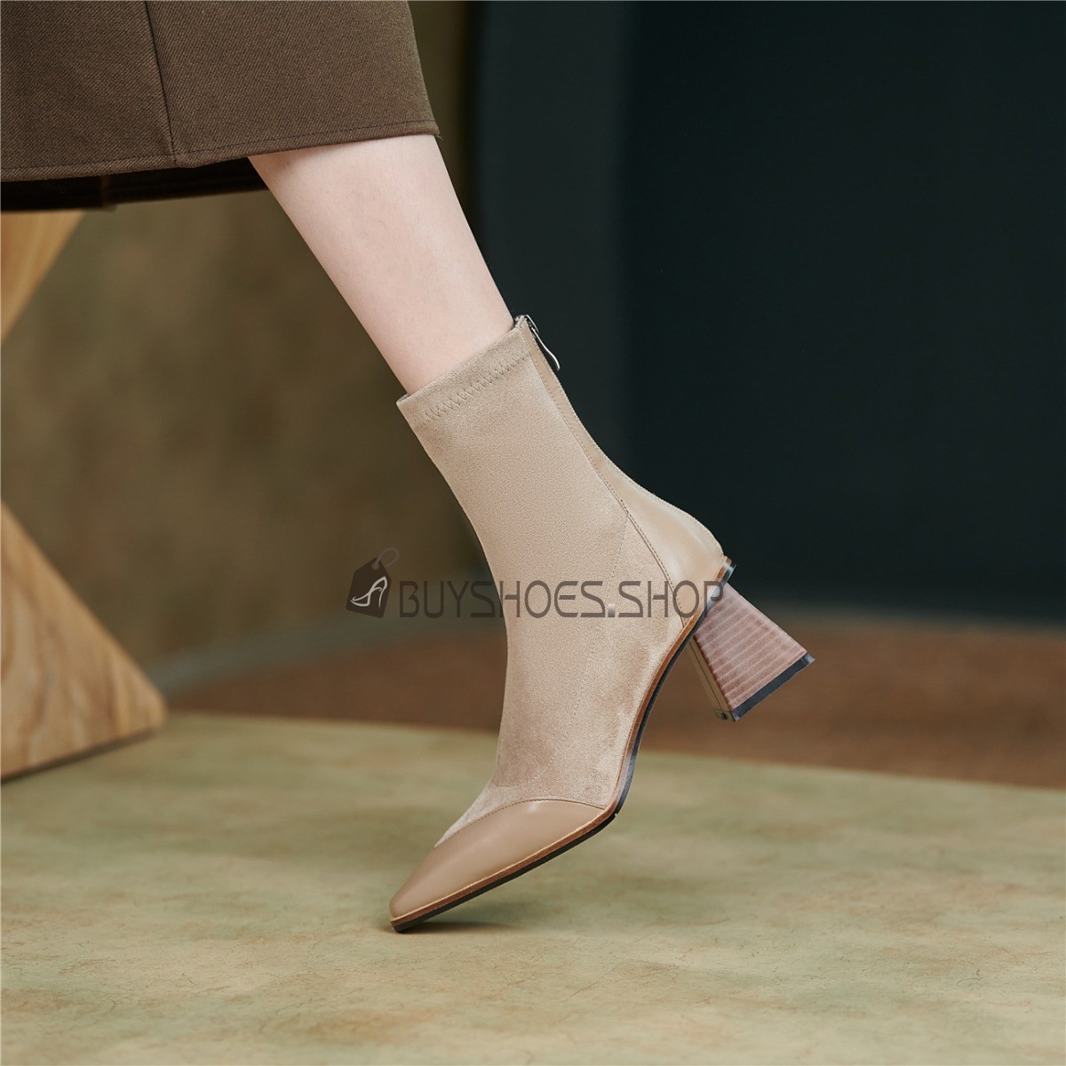 Wildleder Stiefeletten Ankle Boots Mit Absatz Beige Elegante - Main Image