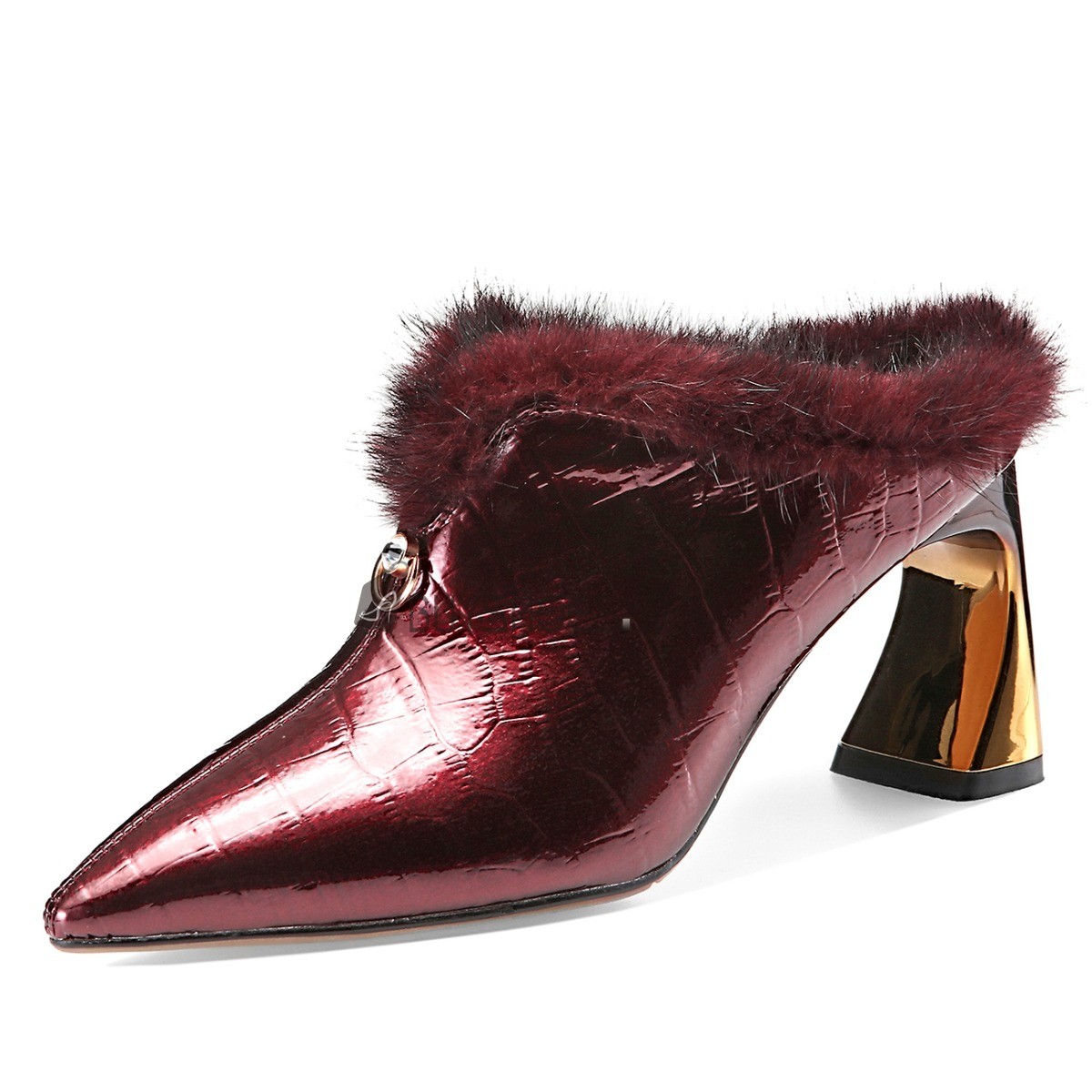 Mules Comfort Burgundy Fur Fur Lined Chunky Hee Pointed Toe Fashion Sculpted Heel Patent High Heels Leather Closed Toe