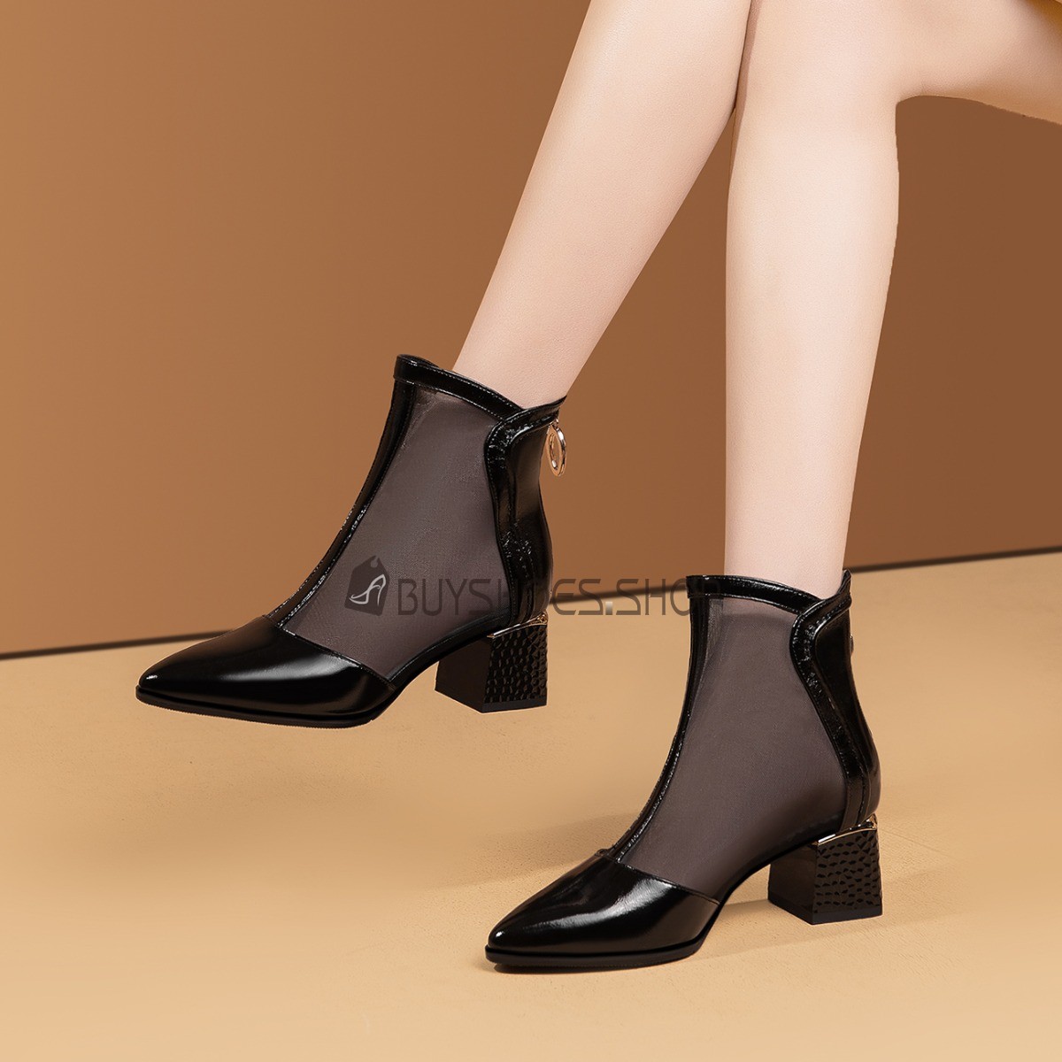 Closed Toe Tulle Elegant Block Heels Formal Dress Shoes Leather 2 inch Low Heel Comfortable Ankle Boots For Women Sandal Boots Chunky Heel