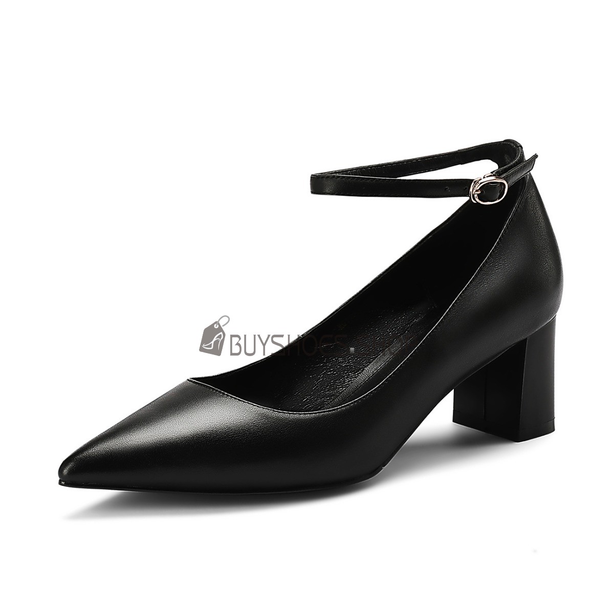 Elegant Black Leather Ankle Strap Ladies Shoes Office Wear