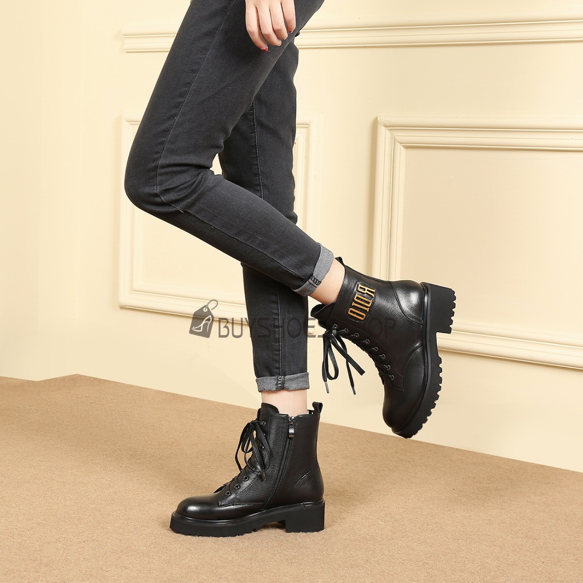 Vintage Round Toe Ankle Boots Platform Lace Up Flats Black