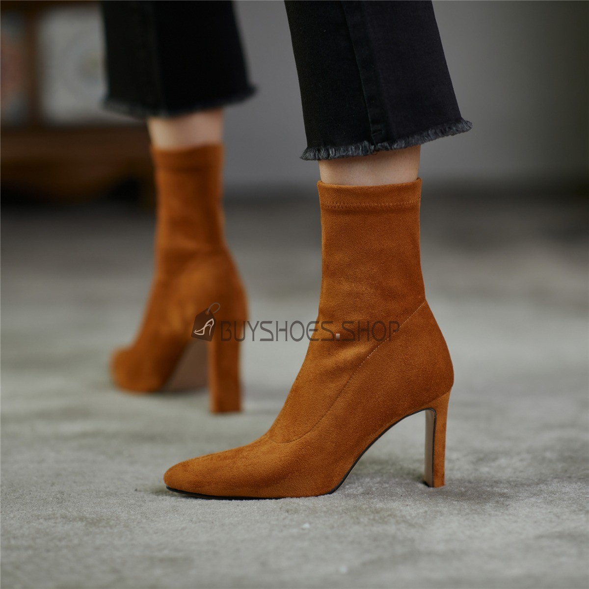Stretchy Winter Fur Lined 3 inch High Heel Classic Thick Heel Faux Leather Sock Ankle Boots Vintage