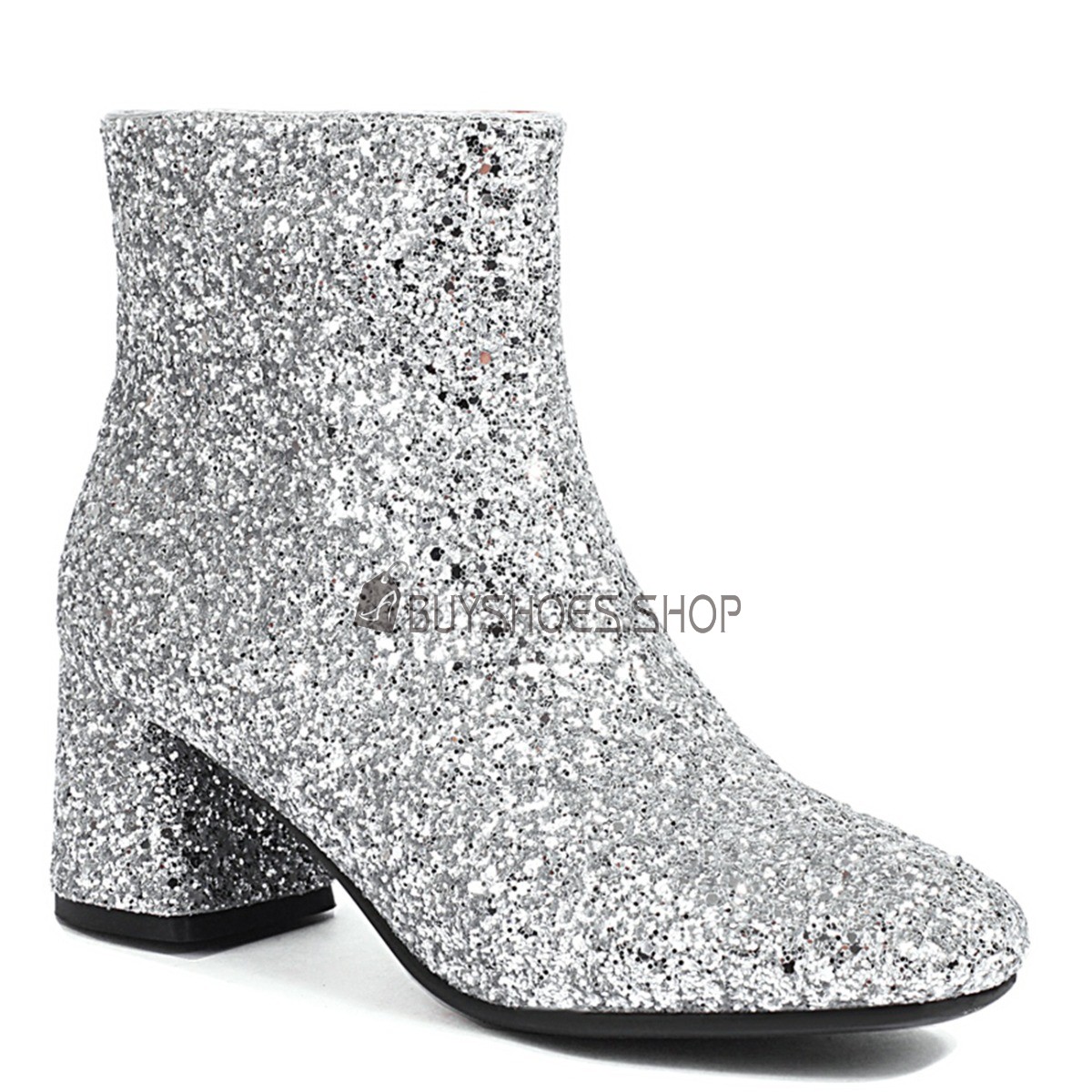 Black Glitter Mid Block Heels, Womens Shoes
