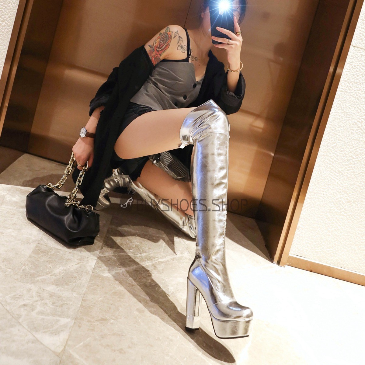Fur Lined Patent Tall Boot Block Heel Thick Heel Faux Leather Silver Over  The Knee Boots Platform 5 inch High Heel Metallic