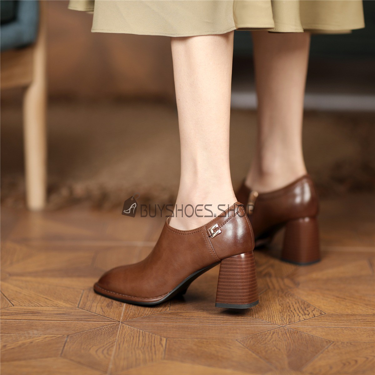 Leer Bruine Blok Hak Shootie Klassiek Schoenen Dames 7 cm Middelhoge Hakken  Goedkope 9322300167F | BuyShoes.Shop