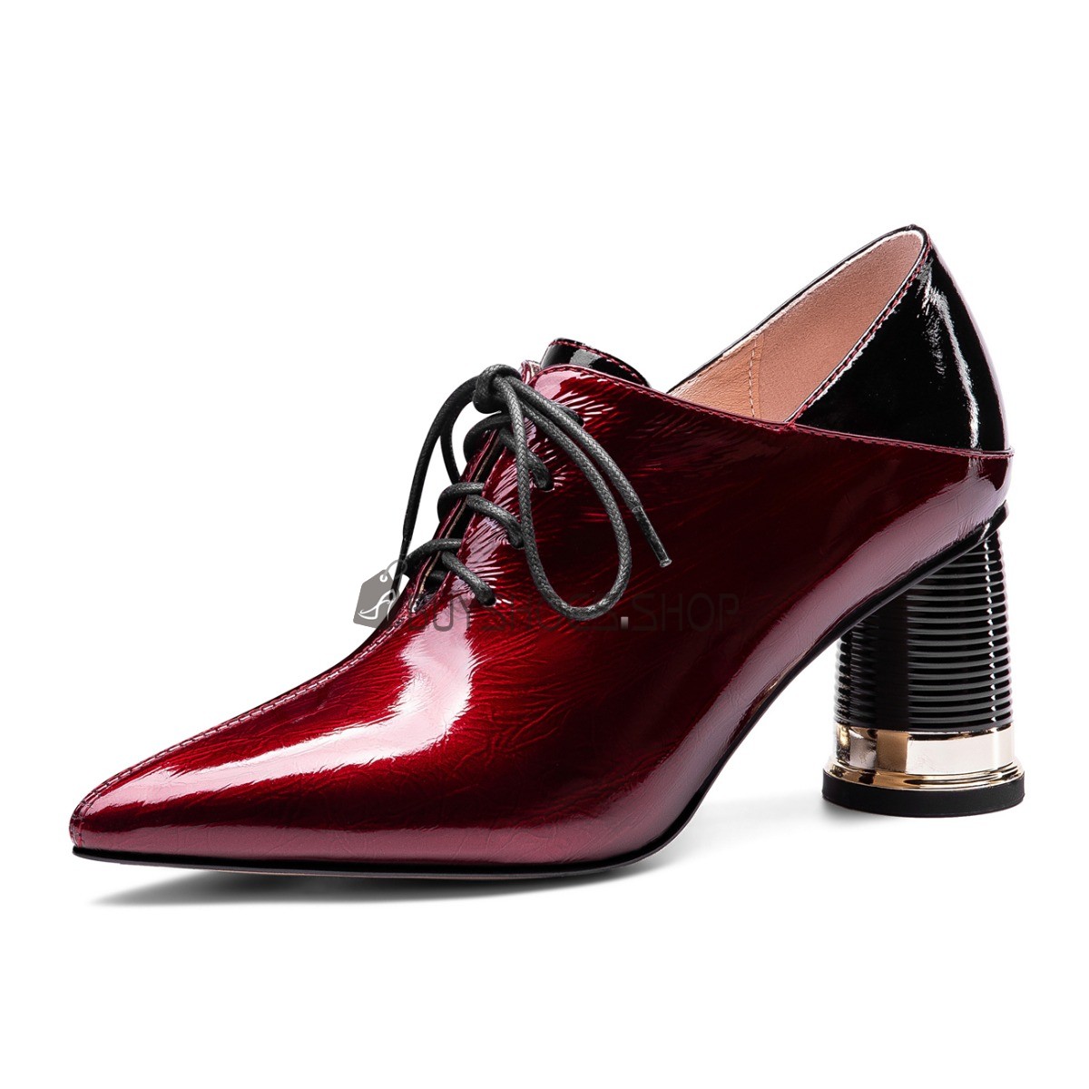 Dames Schoenen Bordeaux Rode Comfortabele Oxford Lak Blok Hak