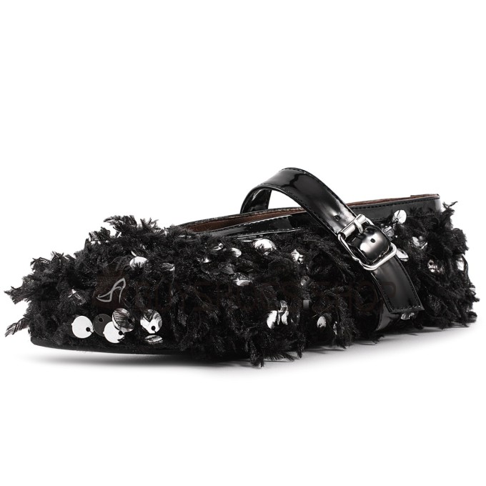 Fluffy Flat Shoes Glitter Belt Buckle Going Out Shoes Black