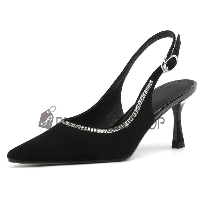 Suède Klassiek Mooie Slingback 7 cm Middelhoge Heels Leren Strass Schoen