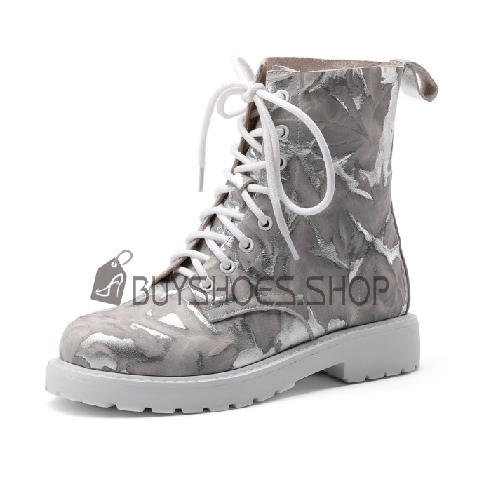 Combat Boots Stivaletti Moda Pelle Scarpe Piatti Punta Tonda Stringate