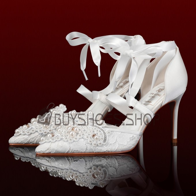 Blanche À Bride Cheville Avec Noeud Avec Strass Talons Aiguilles À Lacets Elegante Sandale A Talon Haut 8 cm Chaussure De Mariée Dentelle