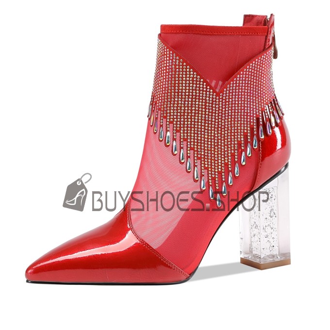 Botin Tacón grueso Moda Tul Charol Flecos Zapatos De Baile Brillantes Tacon Ancho Punta Fina Piel Tacon Alto