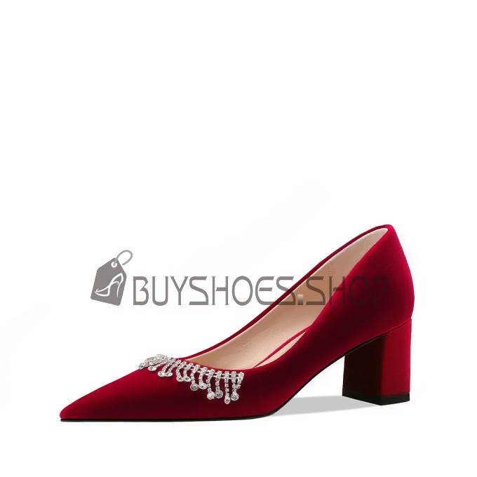 Formal Dress Shoes Velvet 3 inch High Heel Beautiful Pointed Toe Chunky Heel Burgundy Block Heel Formal Dress Shoes Velvet 3 inch High Heel Beautiful Pointed Toe Chunky Heel Burgundy Block Heel