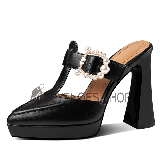 Belle Talon Haut 10 cm Casual Talons Epais Noir Sandales Femmes Talons Carrés Habillé Ete Mules