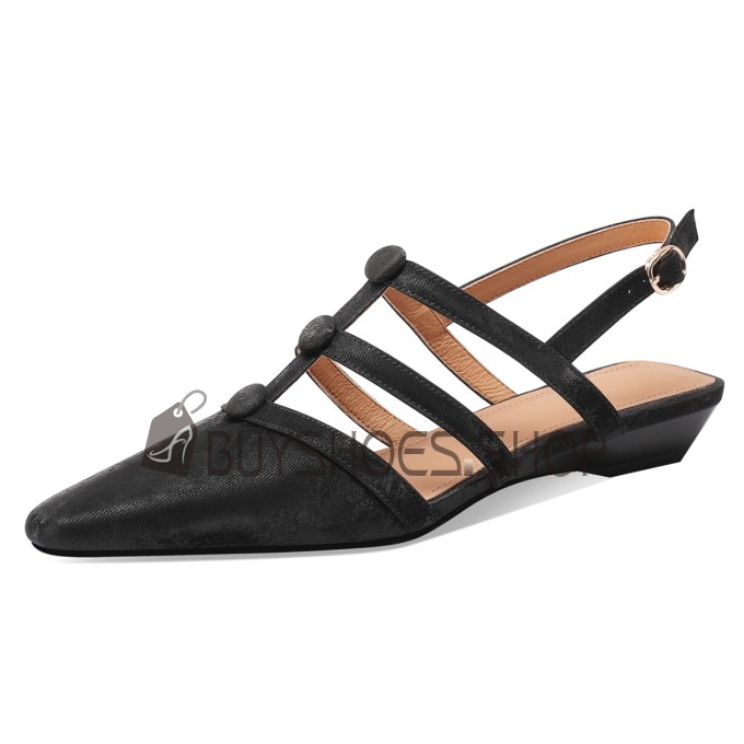 Belt Buckle Sandals Business Casual Satin Textured Leather Flat Shoes Leather Slingbacks Comfort