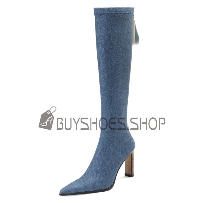 Boots Damen Mit 8 cm High Heel Boots Blockfarben Mode Sock Denim Blockabsatz Hellblau Kniehohe