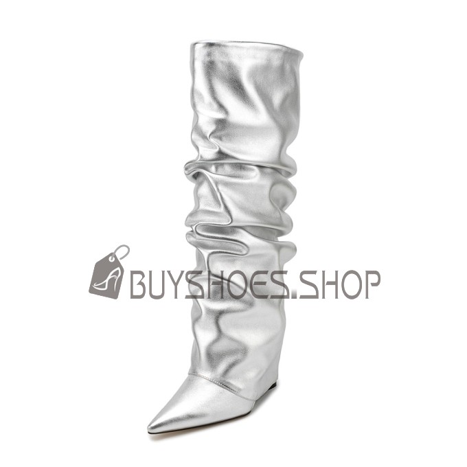 Boots Metallic Slouch Comfort Kniehohe Mode Keilabsatz High Heel