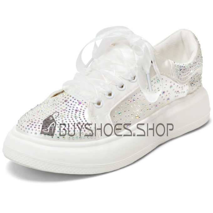 Damen Stoffschuhe Weiß - Sommerschuhe Mit Spitze & Perlen