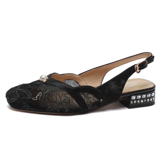 Cerimonia Pelle Scarpe Fiori Tacchi Largo Pizzo Slingback Tacco Bassi Comode