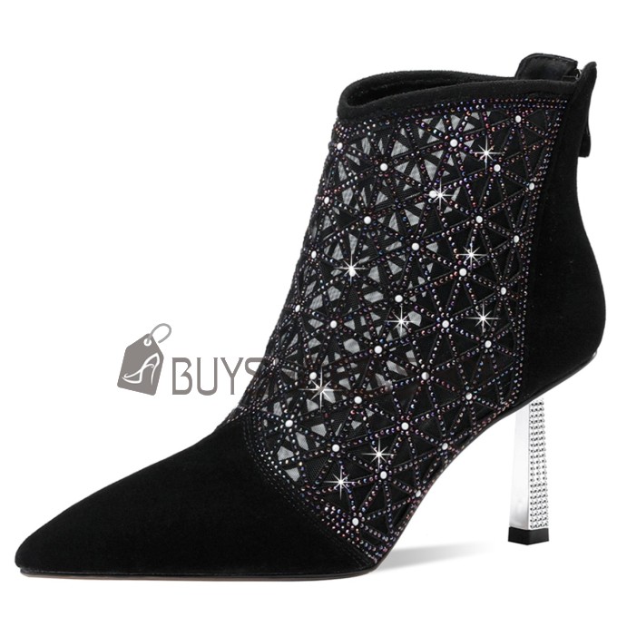 Sandali Donna Moda Pelle Tacco A Spillo Con Strass Scarpe Da Sera Scarpe Da Cerimonia Neri 7 cm Tacco Medio Eleganti Stivaletti Donna Scamosciate