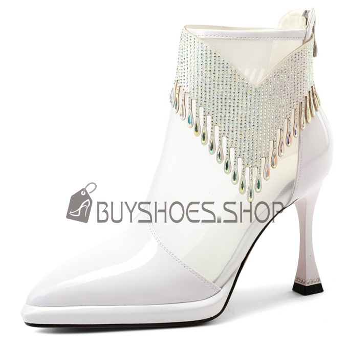 Business Casual Sparkly Rhinestones Sandal Boots Elegant High Heel Formal Dress Shoes Leather Tulle Booties For Women Patent