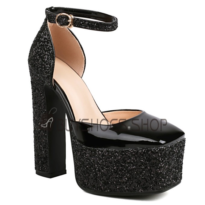 Glitter Finta Pelle Con Cinturino Alla Caviglia Moda Sandali Tacco Largo Vernice Sexy Tacchi Alto Scarpe Da Sera Platform