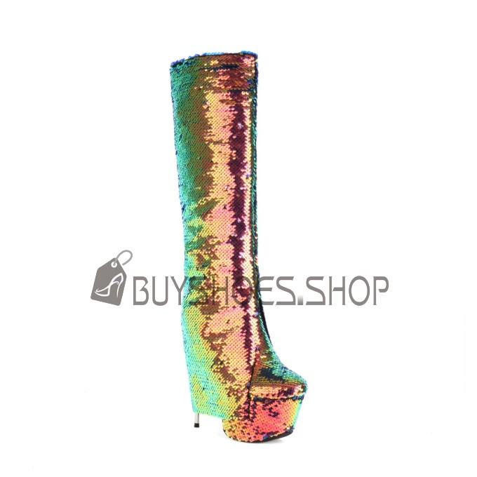 Glitter Gradient Sparkly Knee High Boots Gold Over 6 inch High Heel Modern Platform