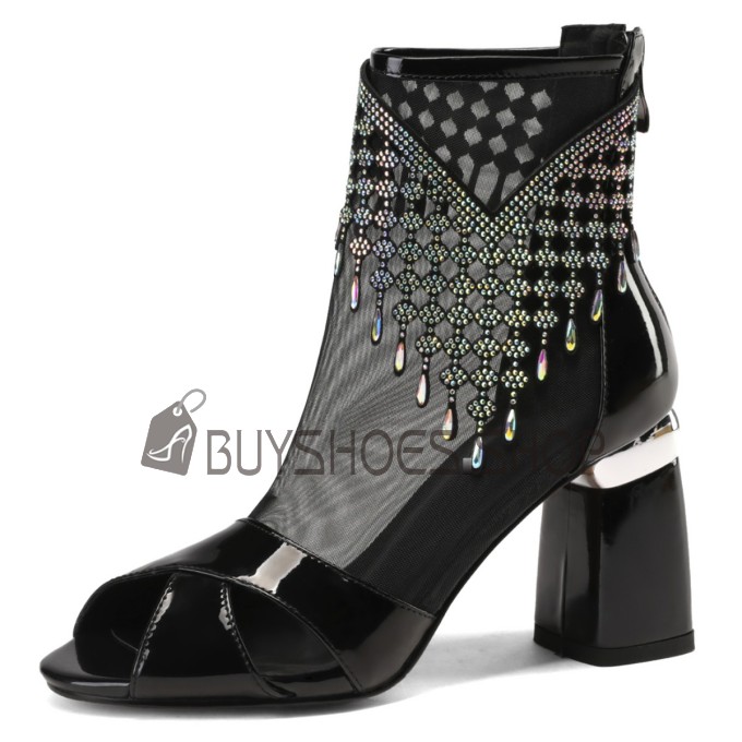 Enkellaarsjes Peeptoes Blokhakken Mode Visnet Strass Leren 8 cm Highheel Sparkle Formele