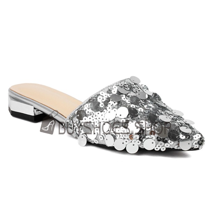 Modern Going Out Shoes Sparkly Block Heel Low Heel Mules Chunky Glitter Womens Sandals Comfort Slipper
