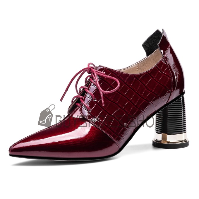 Bordeaux Business Casual Shootie Lak 7 cm Middelhoge Heels Schoenen Dames Veters Blokhakken Gesloten Neus Oxford