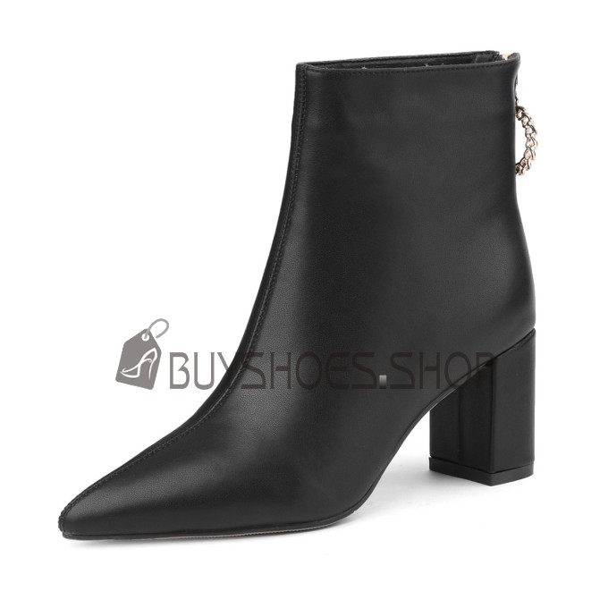 Booties Fur Lined Leather Block Heels Black Comfortable Low Heel Fall Pointed Toe Chunky Heel