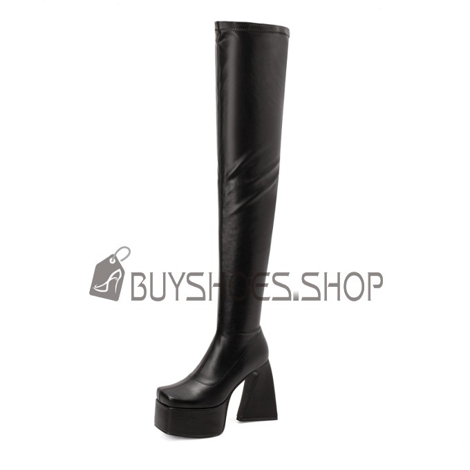Faux Leather Thigh High Boots Platform Block Heels Chunky Modern Stretch Tall Boots High Heel Fur Lined