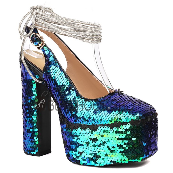 Touwtjes Pumps Sparkle Glitter 15 cm Hoge Hakken Schoen Steentjes Feestschoenen Blokhak Plateau