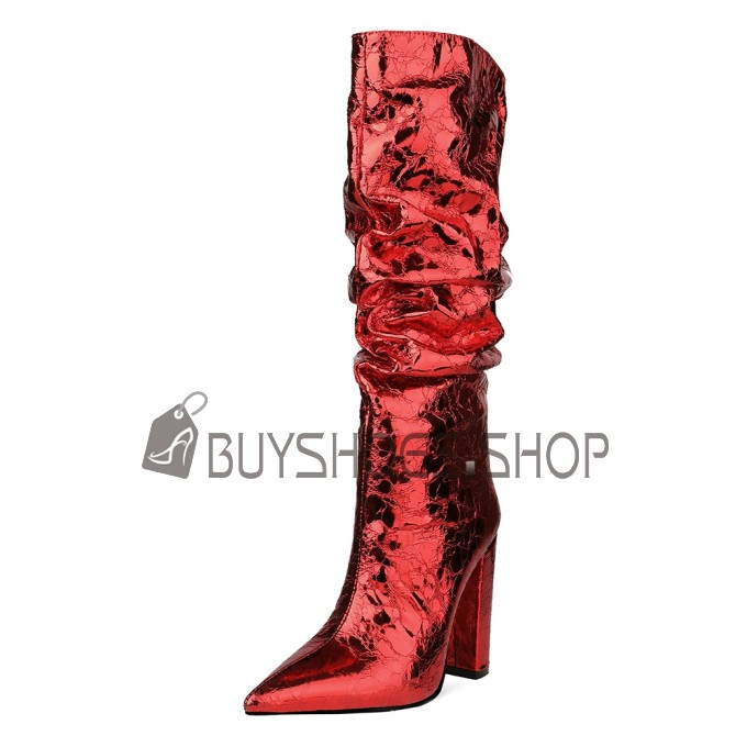 Rote Mit 10 cm Hohe Absatz Metallic Stiefel Mit Blockabsatz Kniehohe Gefütterte Slouch