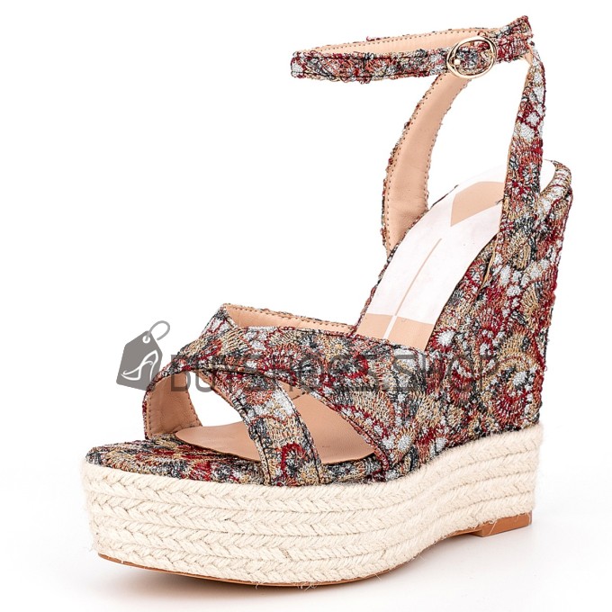 Linen Floral Open Toe Classic Wedge With Ankle Strap Sandals Round Toe Fashion Denim Red Espadrilles Strappy Platform 15 cm High Heel