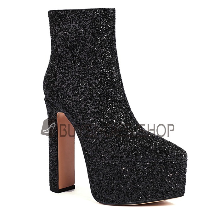 Glitzer Mit Blockabsatz Plateau Stiefeletten Gefütterte High Heels