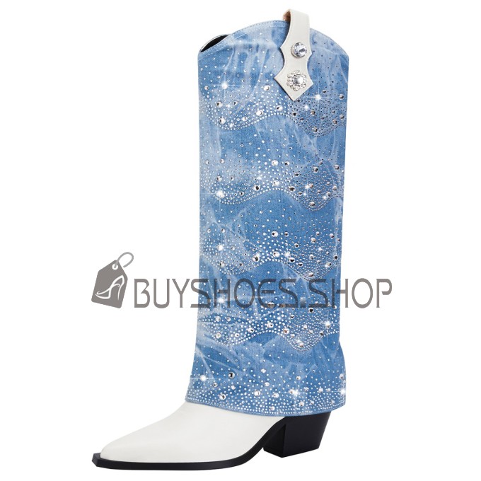 Hoge Laarzen Lichtblauwe Denim Sparkle Blok Hak Imitatieleer Knie Laarzen Mode 8 cm Highheel