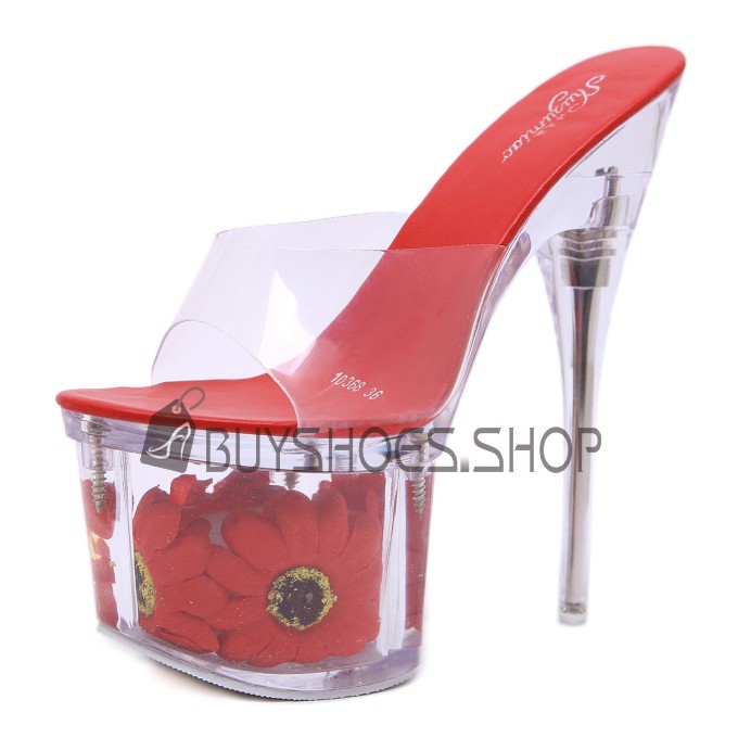 Mit Extreme Hoher Absatz Mules Rot Sandalen Damen Mit Geblümte Peeptoes Sexy Schlupfschuh Plateau Transparente