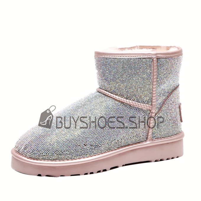 Sparkle Bont Gesloten Neus Roze Comfort Gevoerde Mode Laarsjes Imitatiebont Flats Winter Chique Glitter