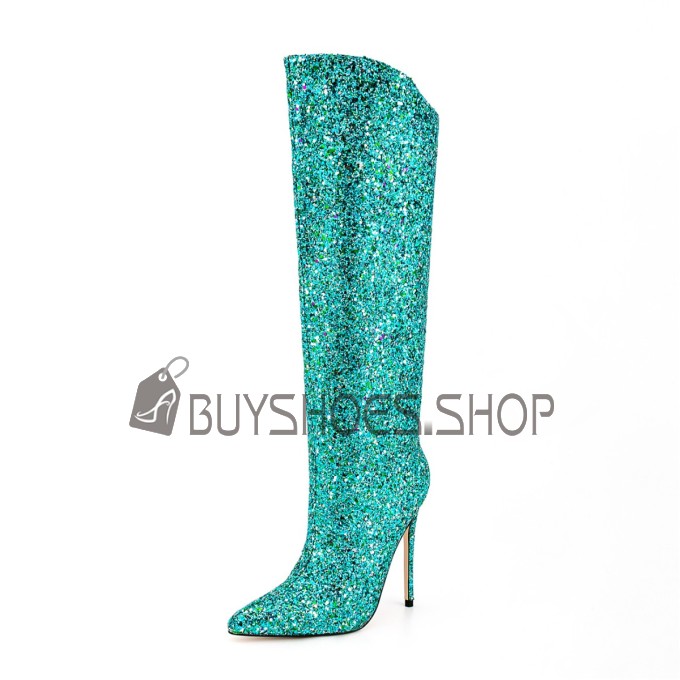 Bottes Hautes À Talon Brillante Moderne Chaussures Ceremonie Paillettes Turquoise