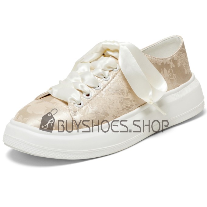 Flats Ronde Neus Comfort Geborduurde Feestschoenen Goud Satijnen Sneakers Plateauzool