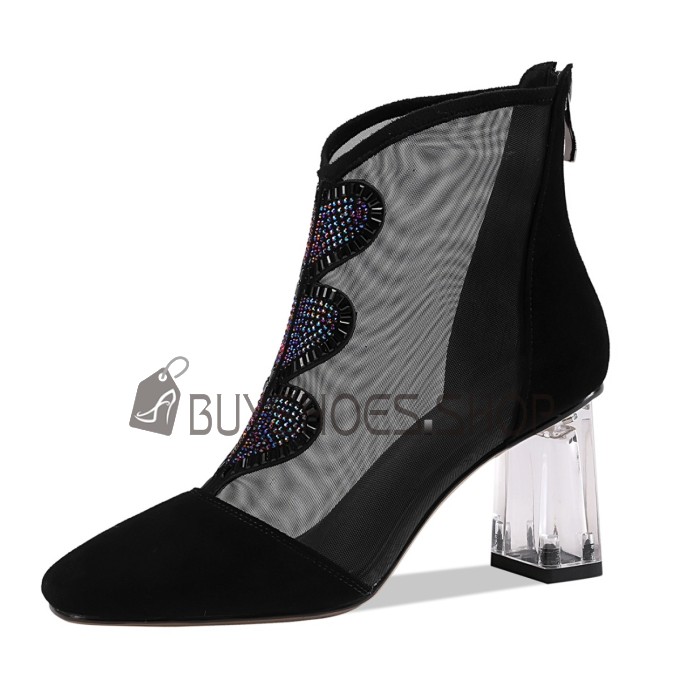 6 cm Mid Heel Tulle Chunky Heel Suede Summer Block Heel Ankle Boots Black Elegant Sandal Boots Leather