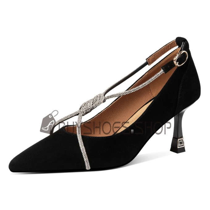 Klassisch Leder Schuhe Mit Strasssteine Wildleder Schwarze Elegante 8 cm High Heel Pumps Schlupfschuhe Pfennigabsatz