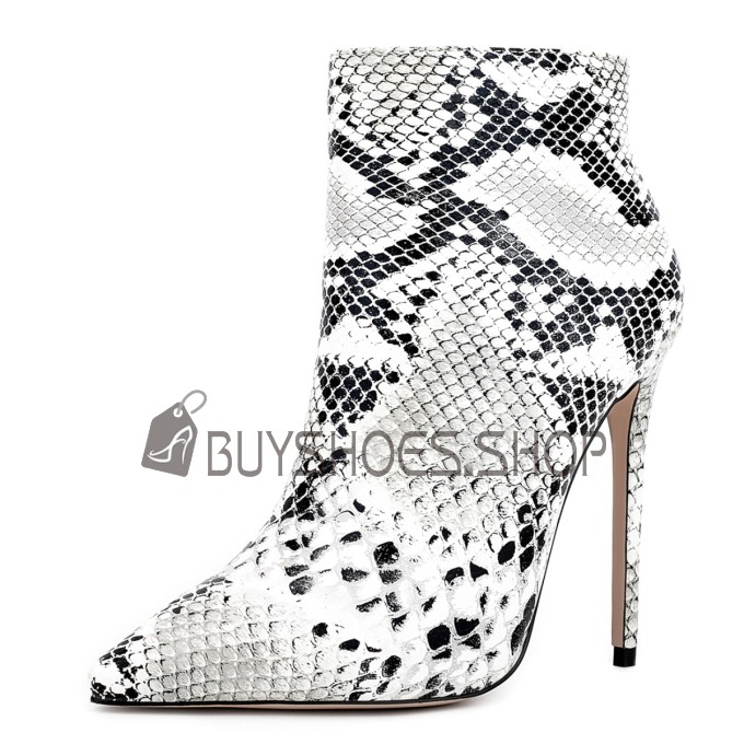 Moderne Python Vernis Talons Aiguilles Bottine Femme Fourrees Talon 12 cm Fermeture Éclair Casual Blanche