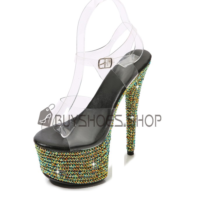 Extreme High Heel Sparkly Peep Toe Luxury Platform Ankle Strap Sandals With Rhinestones Black