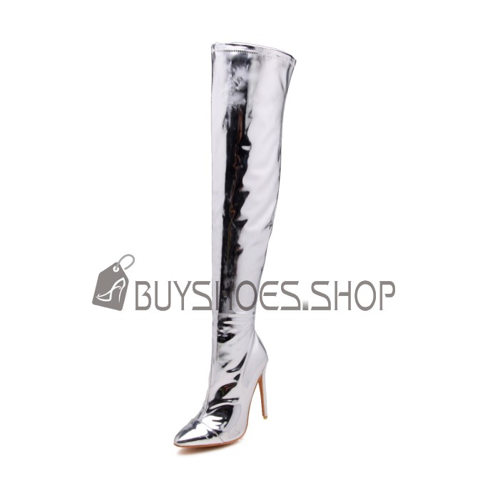 Mode Metallic Spitz Boots Overknee Mit 12 cm Hohe Absatz Pfennigabsatz Lack