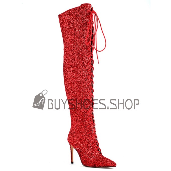 Veterlaarzen Overknee Boots Sparkle Laarsjes dames 10 cm Hoge Hak Glitter Naaldhakken